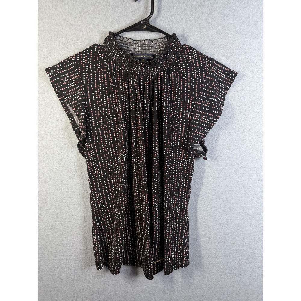 Adrienne Vittadini Blouse Womens Medium Black Polka Dot Flutter Sleeve Top